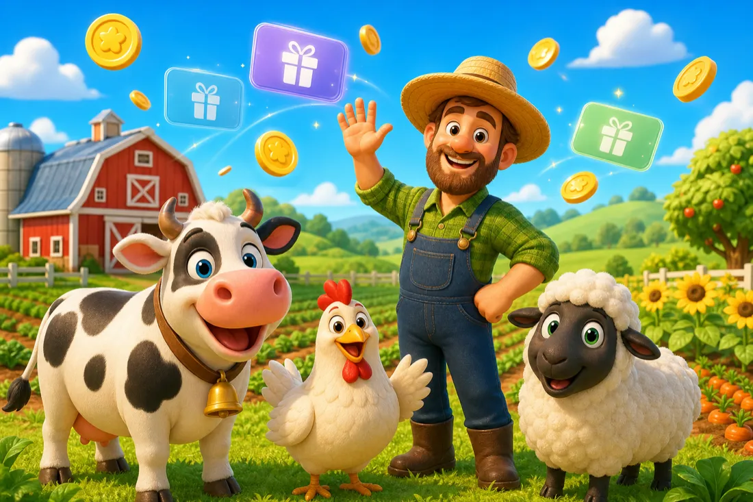 Cheerful cartoon farm with animals and a farmer with floating gift-card rewards
